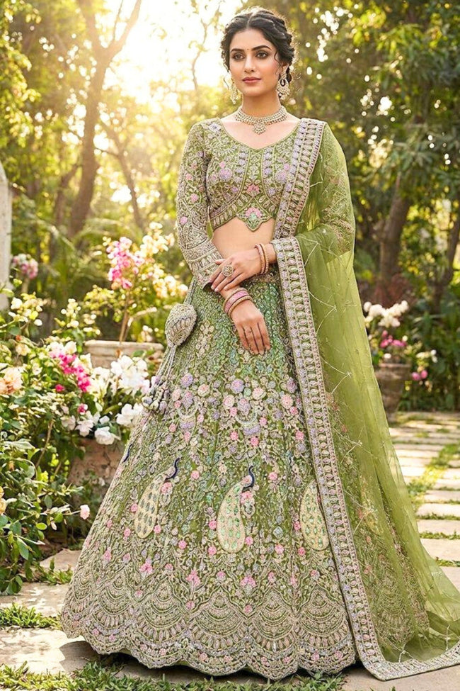 Mehendi green butterfly net lehenga with coding sequins embroidery for wedding and festive wear Hover Image