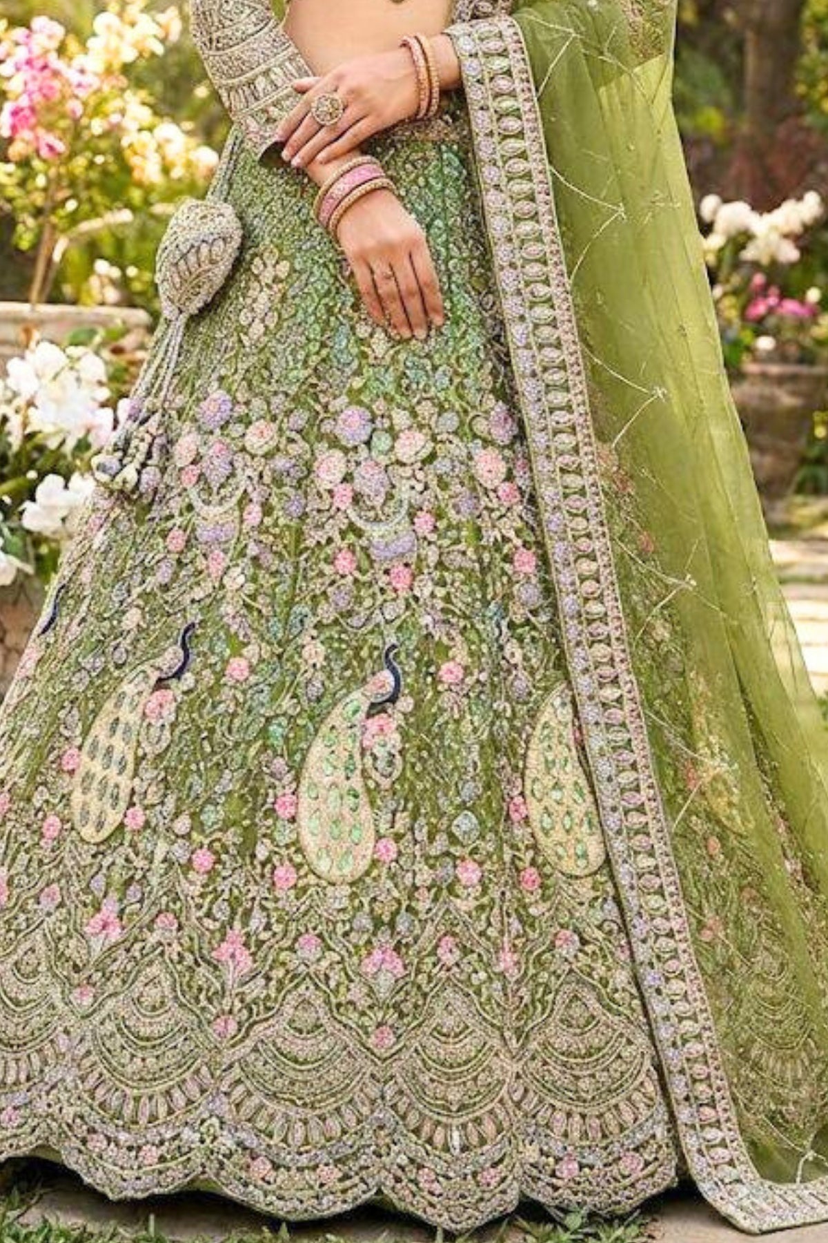 Mehendi green butterfly net lehenga with coding sequins embroidery for wedding and festive wear
