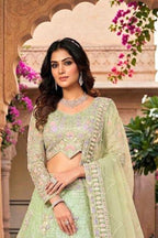 Mint green butterfly net lehenga with coding sequins embroidery for wedding and festive wear