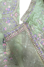 Mint green butterfly net lehenga with coding sequins embroidery for wedding and festive wear