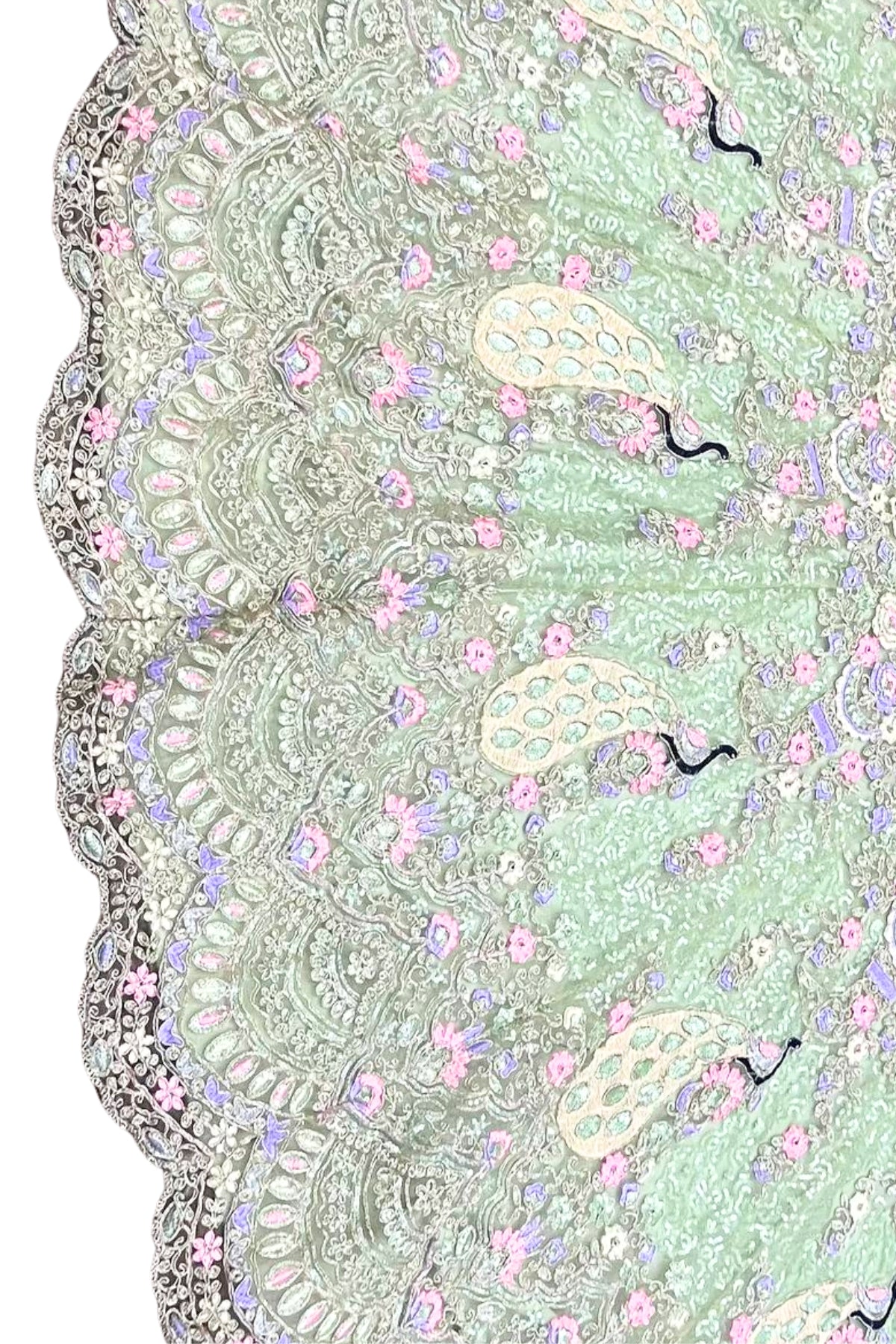 Mint green butterfly net lehenga with coding sequins embroidery for wedding and festive wear