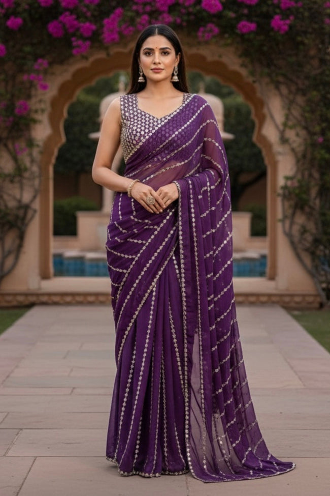 Elegant faux georgette saree with real mirror embroidery work for wedding, festive and party wear Hover Image