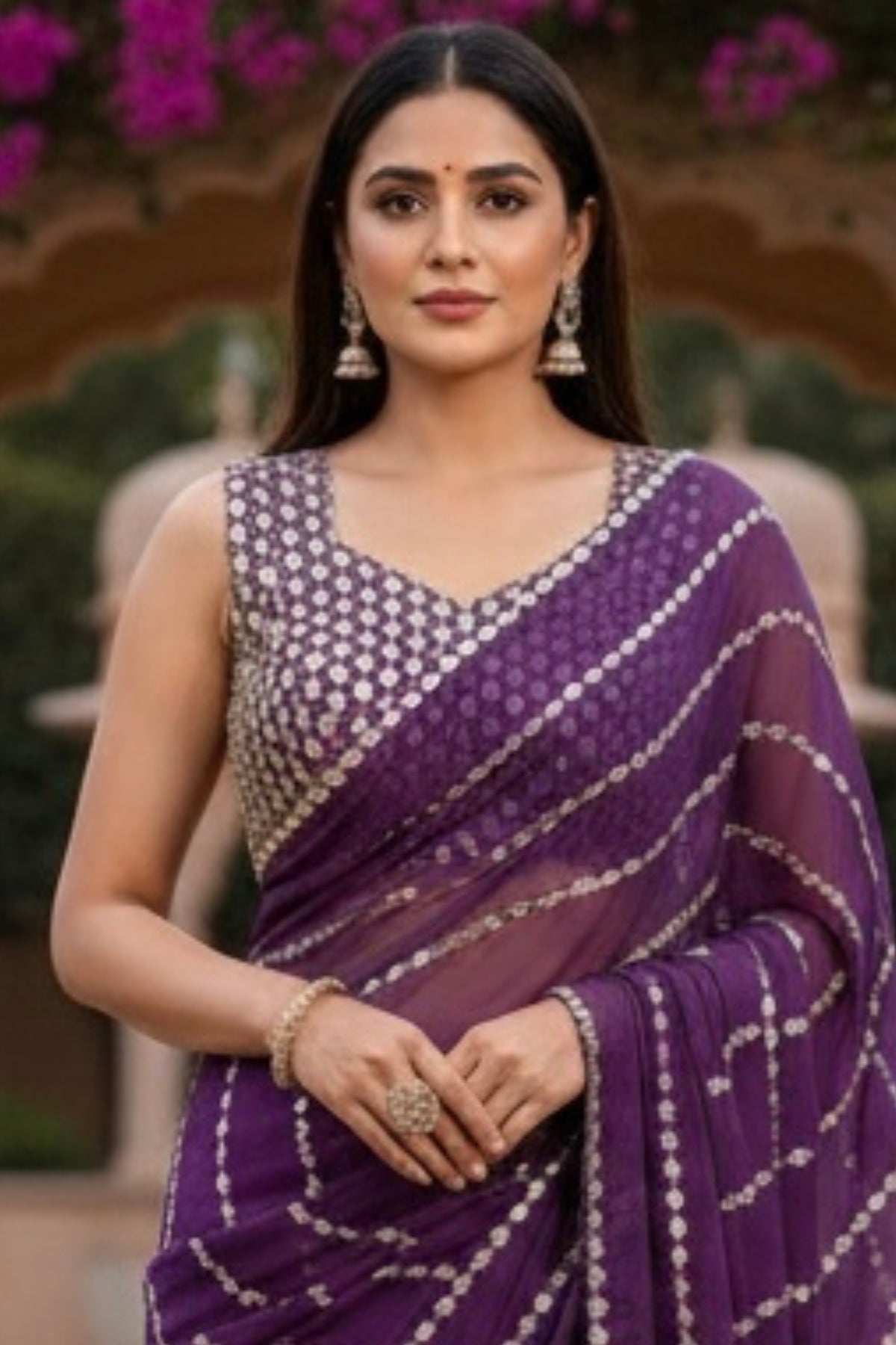 Elegant faux georgette saree with real mirror embroidery work for wedding, festive and party wear