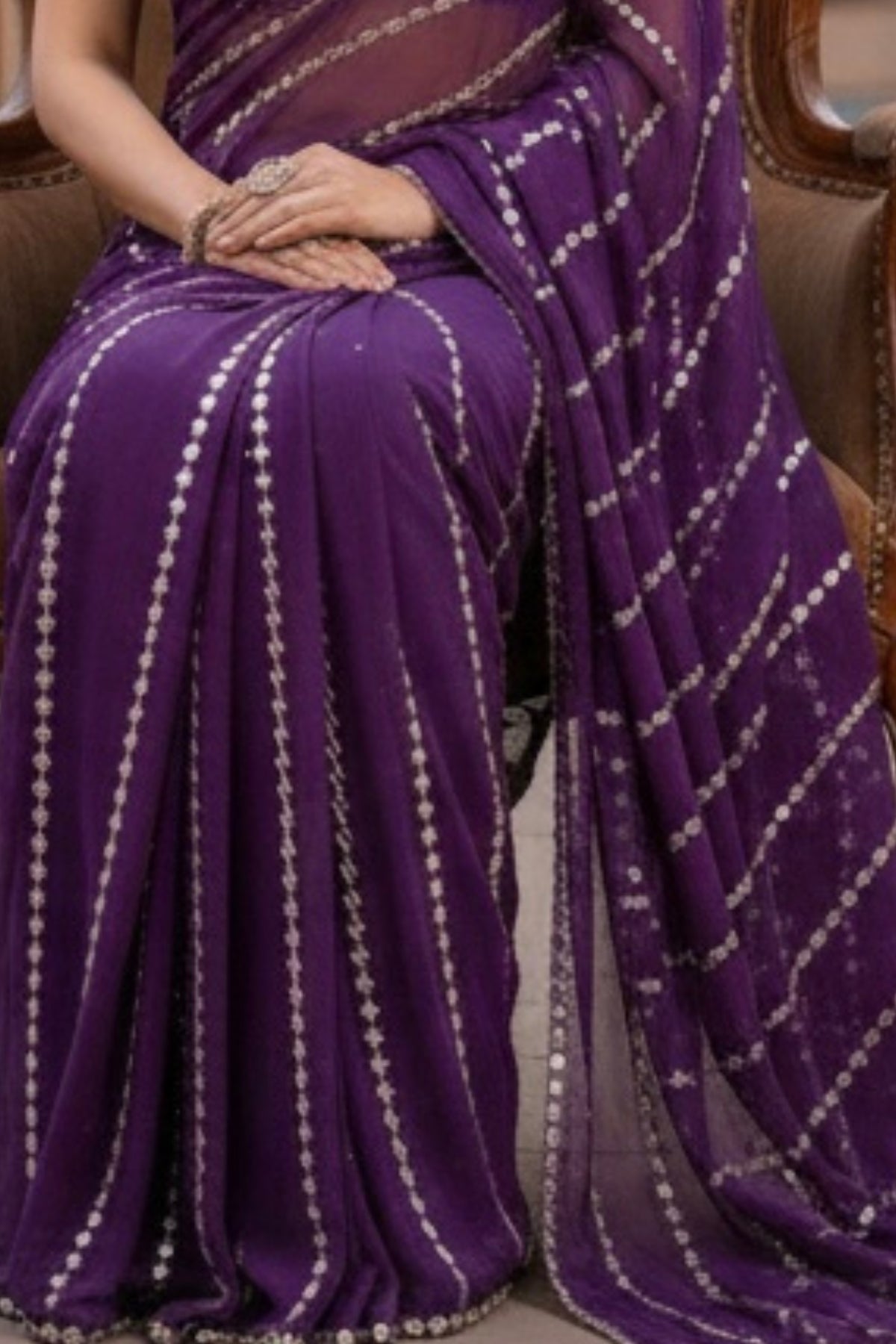 Elegant faux georgette saree with real mirror embroidery work for wedding, festive and party wear