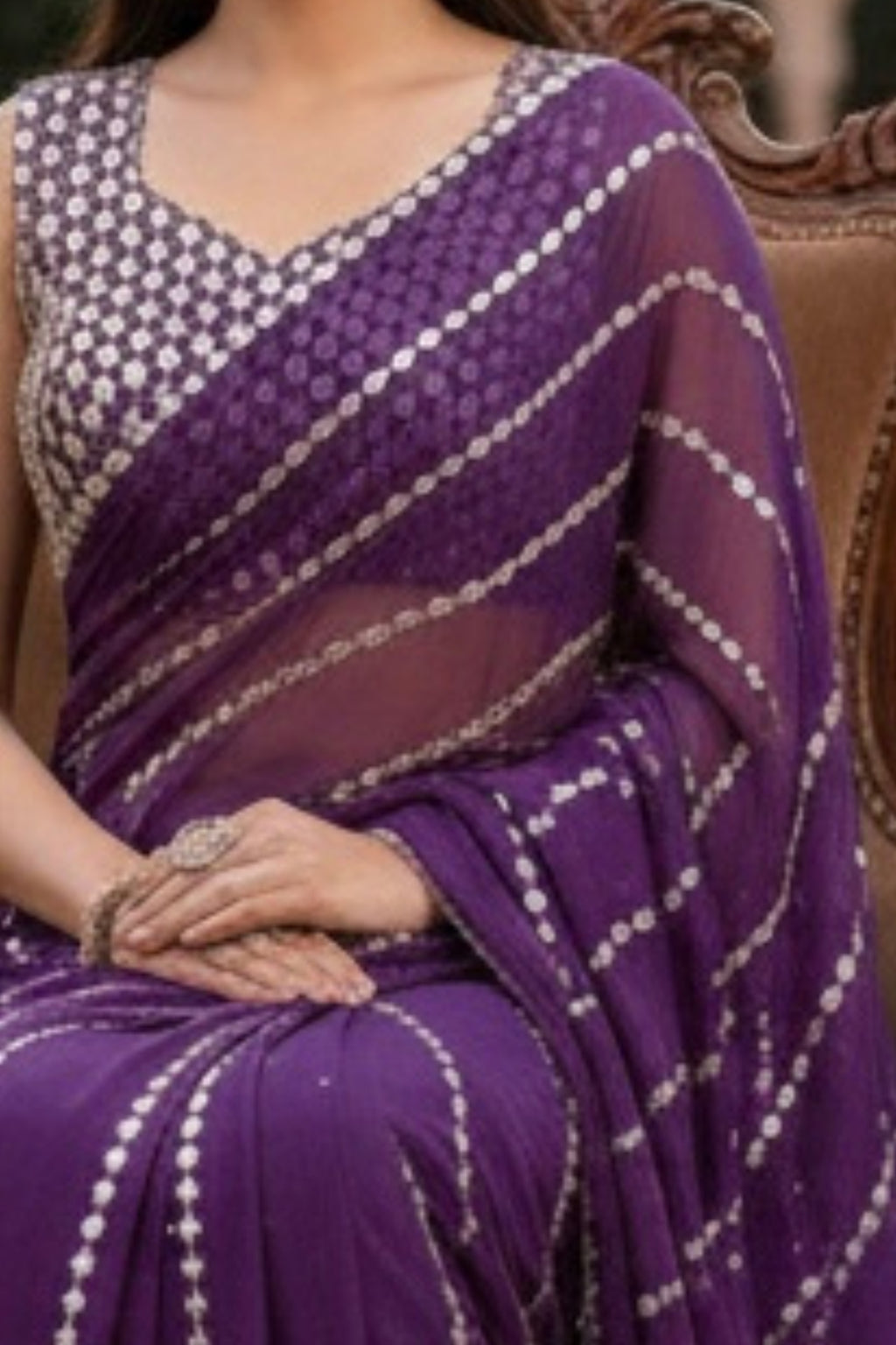 Elegant faux georgette saree with real mirror embroidery work for wedding, festive and party wear