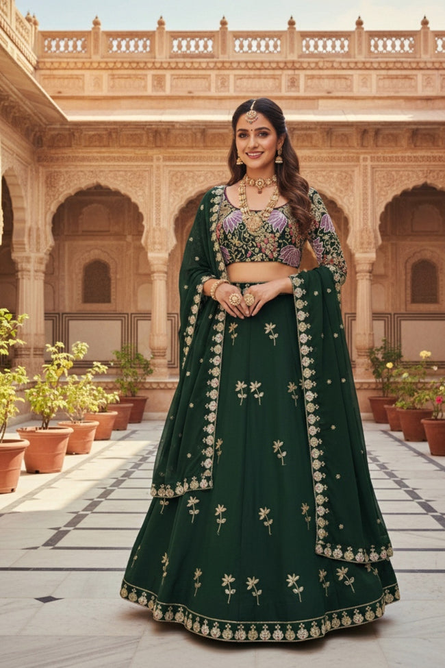 Elegant fox georgette 4 meter flared lehenga with sequins embroidery, can-can layers and dupatta for wedding and festive wear Hover Image