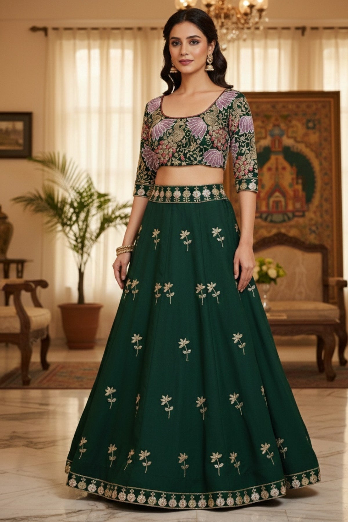 Elegant fox georgette 4 meter flared lehenga with sequins embroidery, can-can layers and dupatta for wedding and festive wear