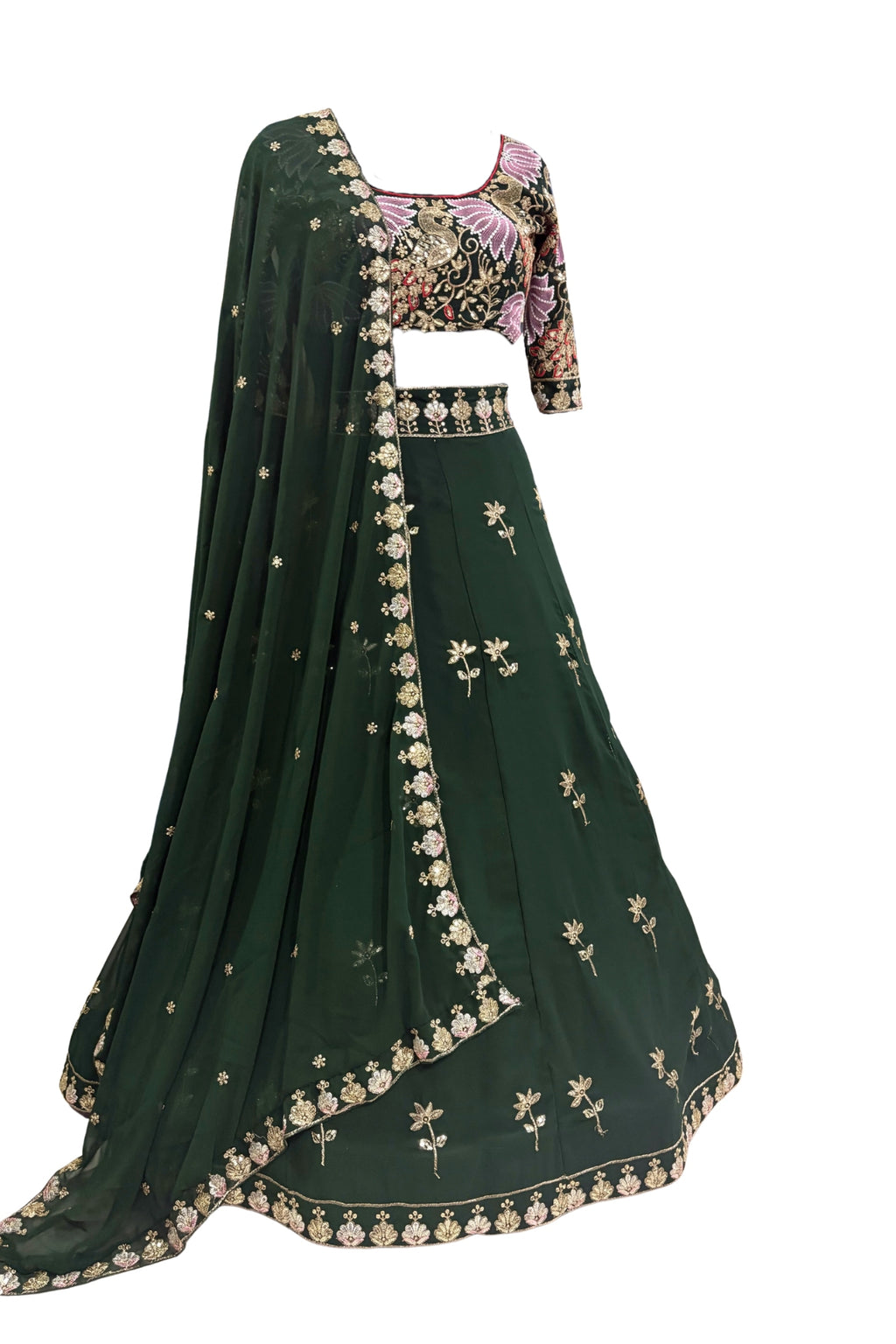 Elegant fox georgette 4 meter flared lehenga with sequins embroidery, can-can layers and dupatta for wedding and festive wear