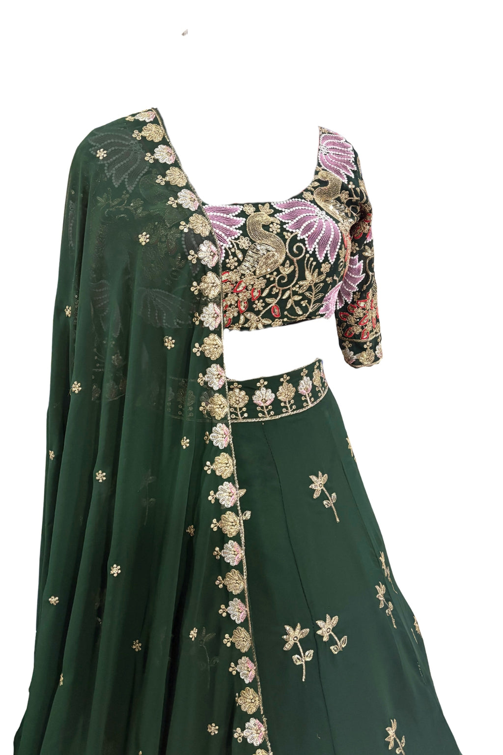Elegant fox georgette 4 meter flared lehenga with sequins embroidery, can-can layers and dupatta for wedding and festive wear