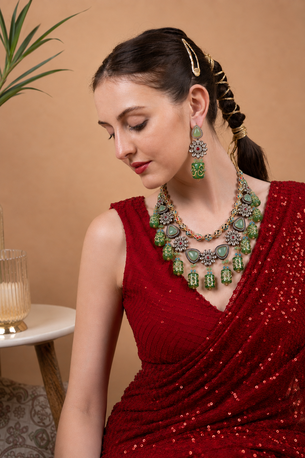 Green Kundan Choker Necklace Set with Beaded Drops & Earrings