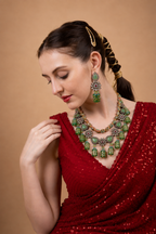 Green Kundan Choker Necklace Set with Beaded Drops & Earrings