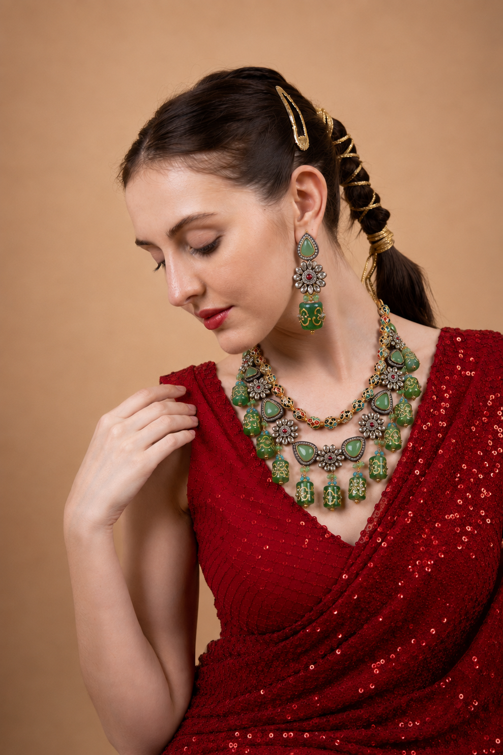 Green Kundan Choker Necklace Set with Beaded Drops & Earrings
