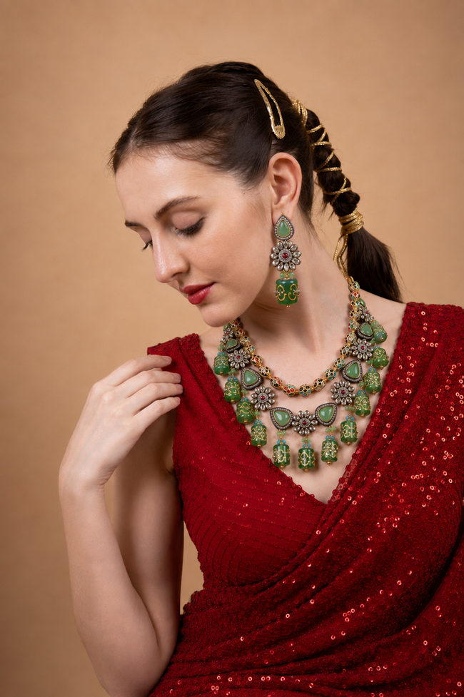 Green Kundan Choker Necklace Set with Beaded Drops & Earrings Hover Image