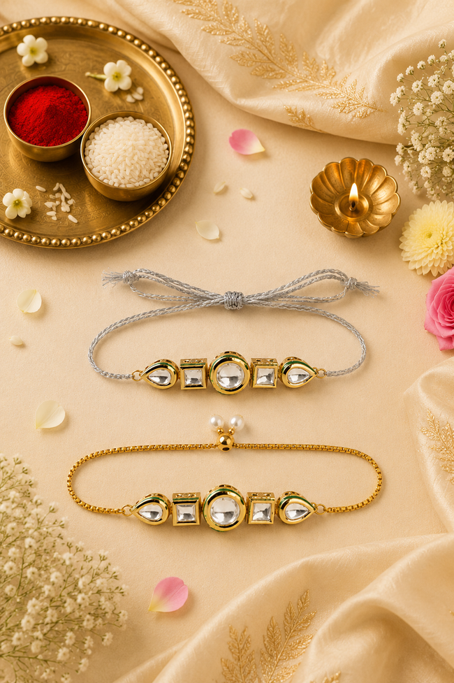 Multi Colour Brass Kundan Rakhi set of 2 Hover Image