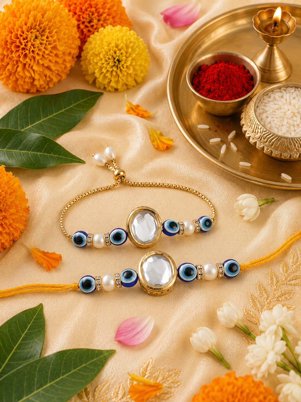 Multi Colour Brass Kundan Rakhi set of 2