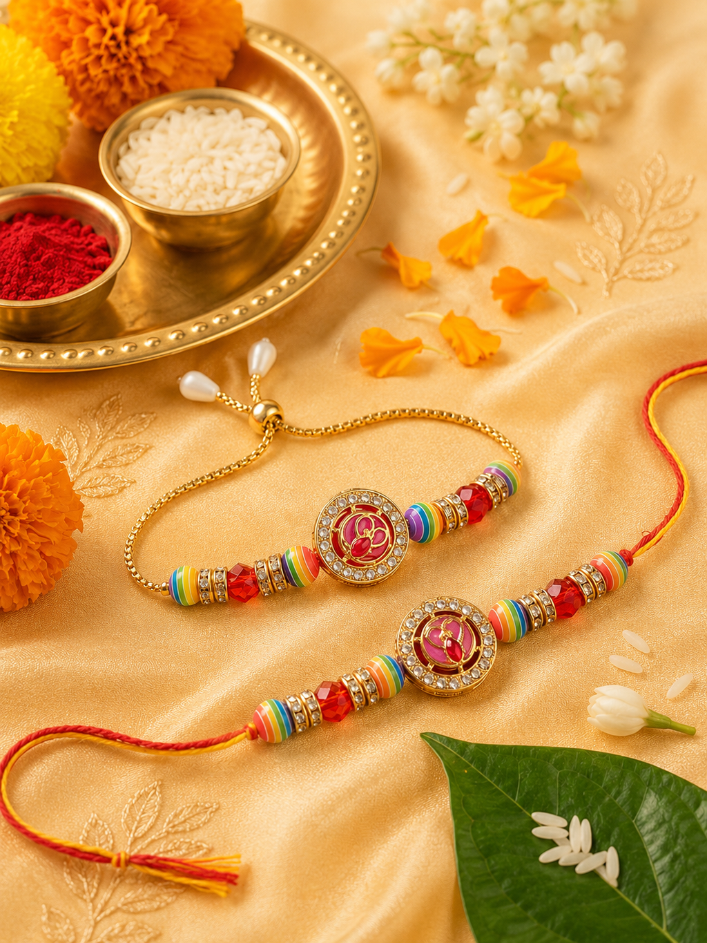 Multi Colour Brass Kundan Rakhi set of 2