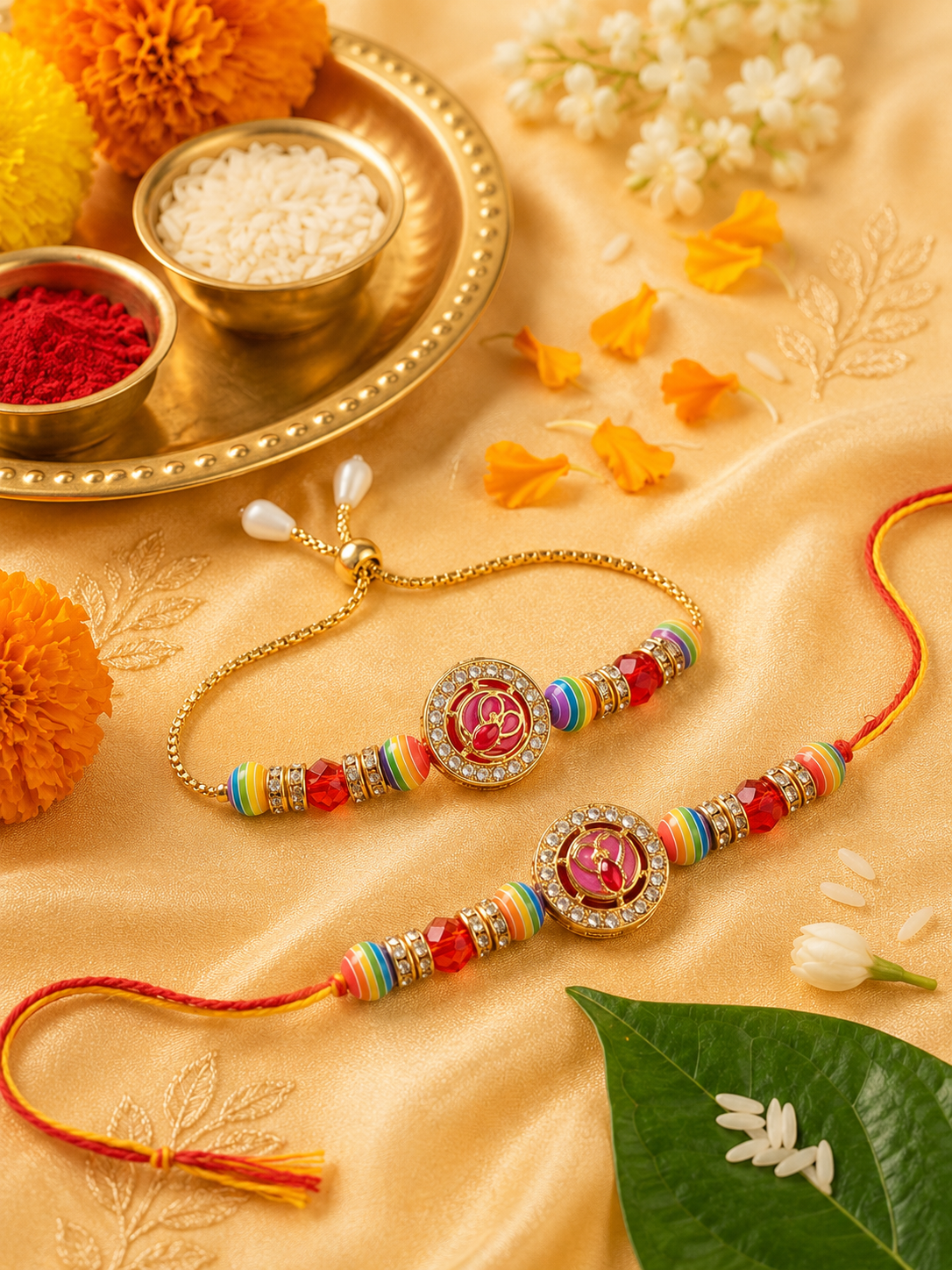 Multi Colour Brass Kundan Rakhi set of 2