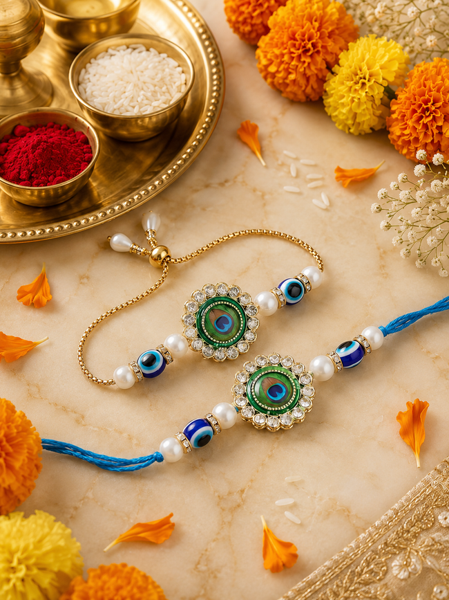 Multi Colour Brass Kundan Rakhi set of 2 Hover Image