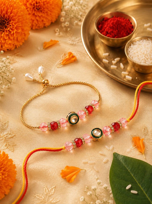 Multi Colour Brass Kundan Rakhi set of 2 Hover Image