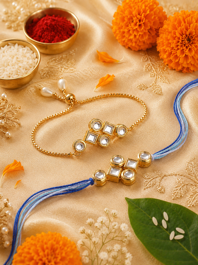 Multi Colour Brass Kundan Rakhi set of 2 Hover Image