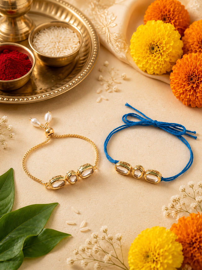 Multi Colour Brass Kundan Rakhi set of 2 Hover Image