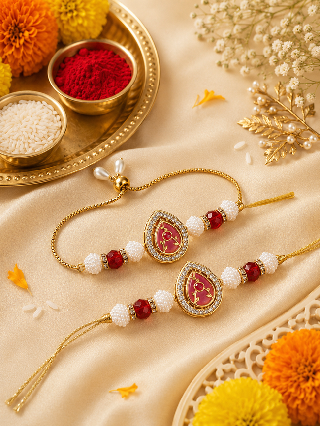 Multi Colour Brass Kundan Rakhi set of 2 Hover Image