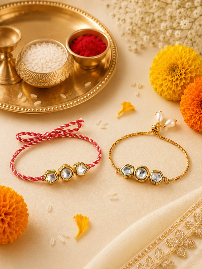 Multi Colour Brass Kundan Rakhi set of 2 Hover Image