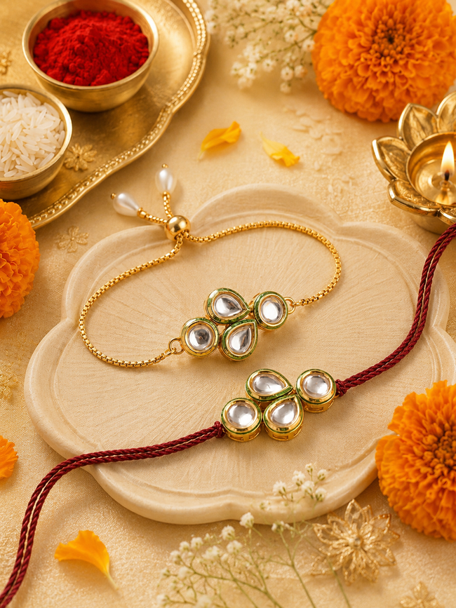 Multi Colour Brass Kundan Rakhi set of 2 Hover Image