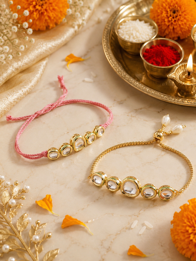 Multi Colour Brass Kundan Rakhi set of 2 Hover Image
