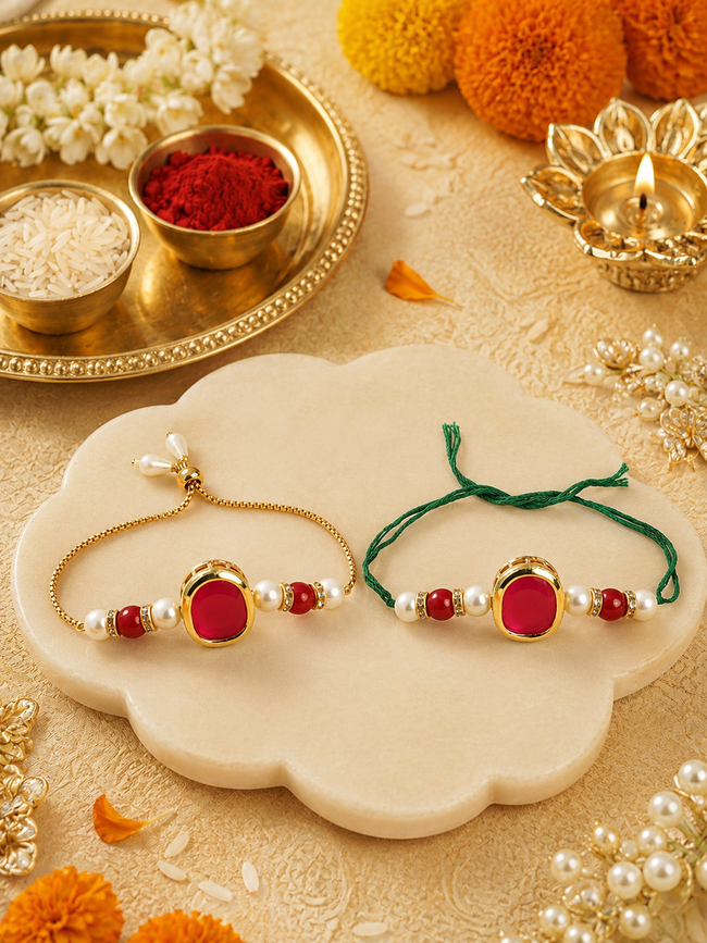 Multi Colour Brass Kundan Rakhi set of 2 Hover Image