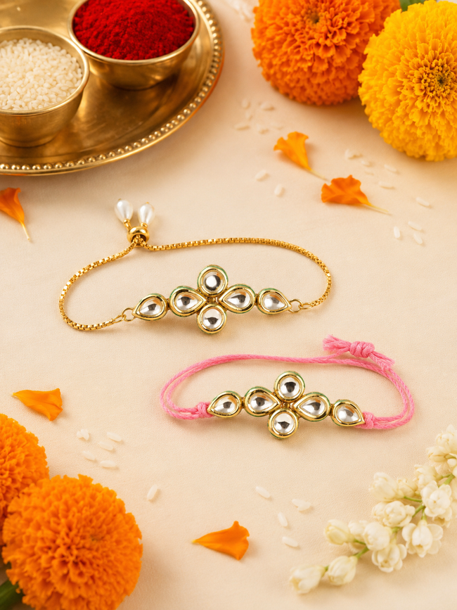 Multi Colour Brass Kundan Rakhi set of 2 Hover Image