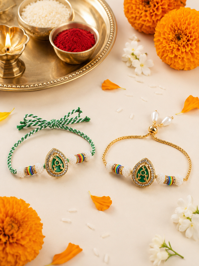 Multi Colour Brass Kundan Rakhi set of 2 Hover Image