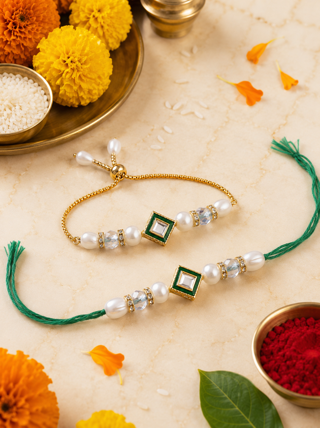 Multi Colour Brass Kundan Rakhi set of 2 Hover Image