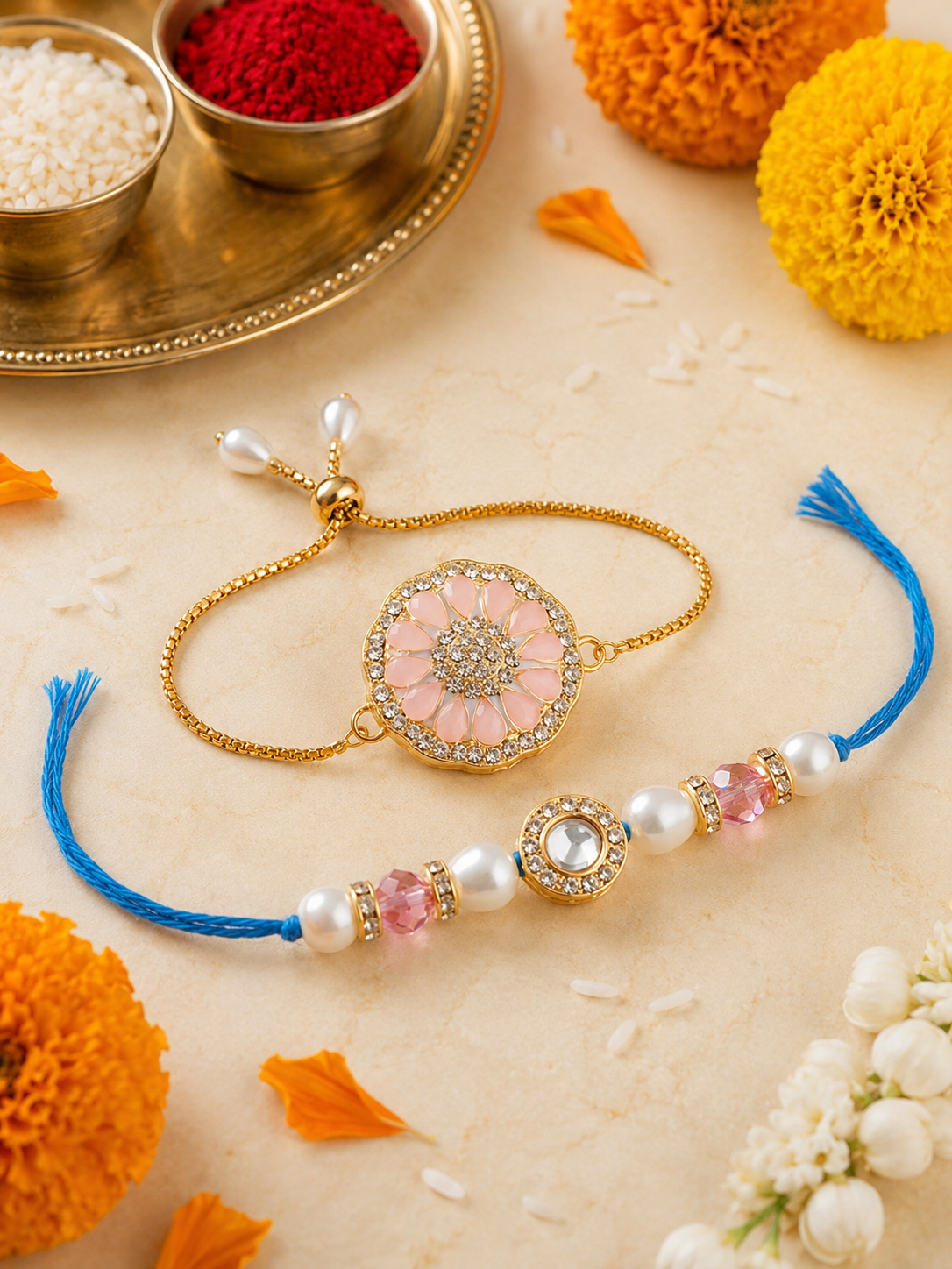 Multi Colour Brass Kundan Rakhi set of 2