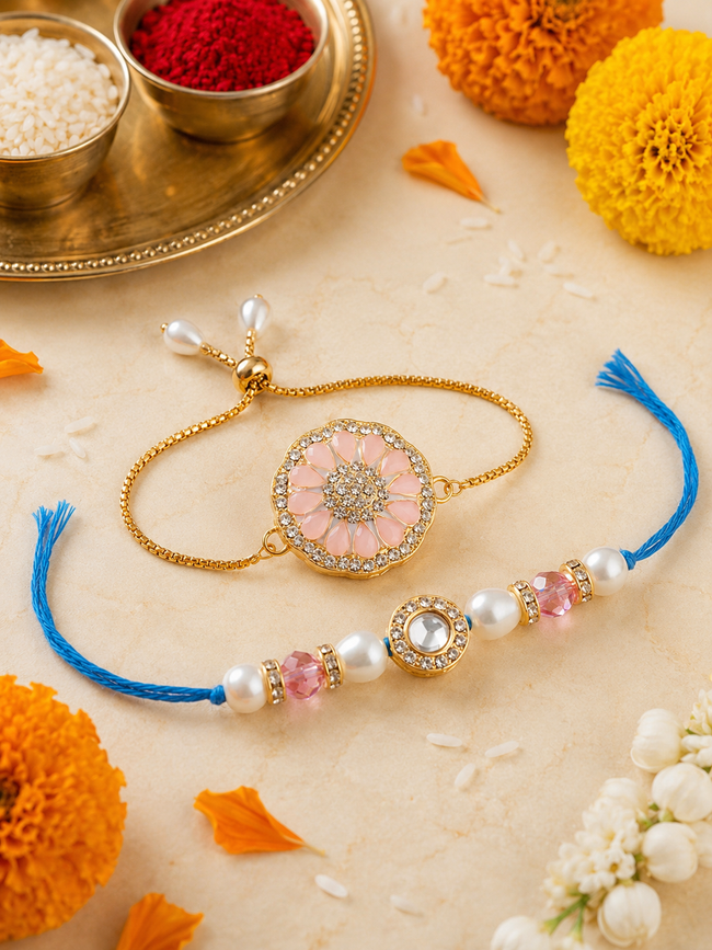 Multi Colour Brass Kundan Rakhi set of 2 Hover Image