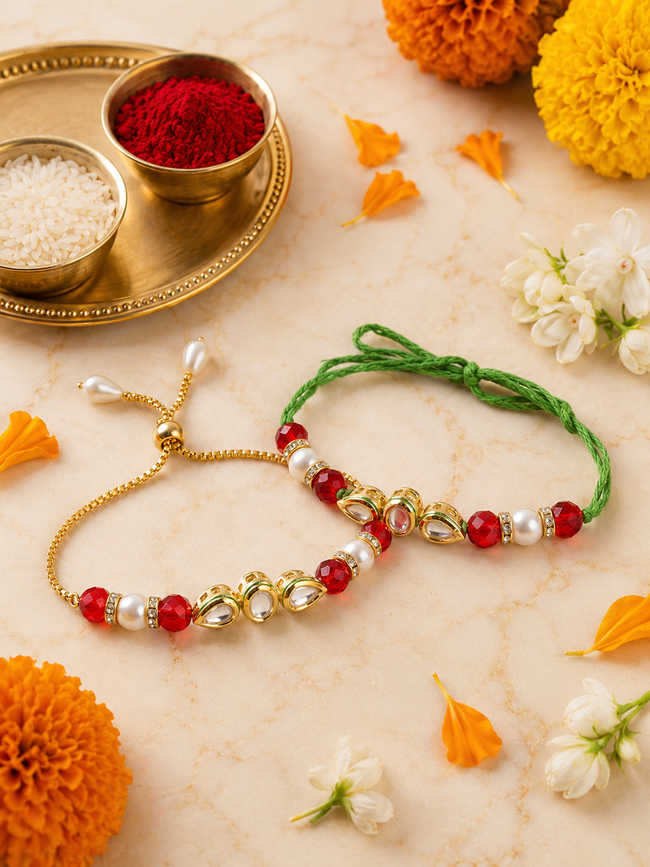 Multi Colour Brass Kundan Rakhi set of 2 Hover Image