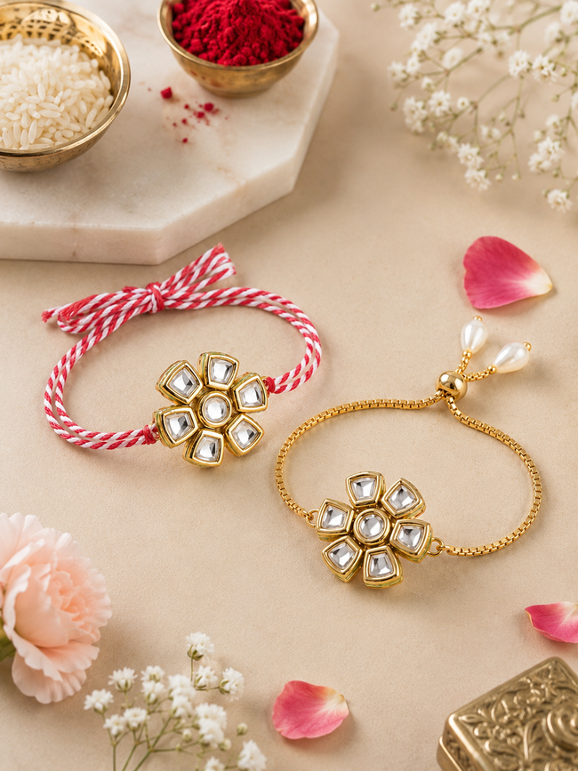 Multi Colour Brass Kundan Rakhi set of 2 Hover Image