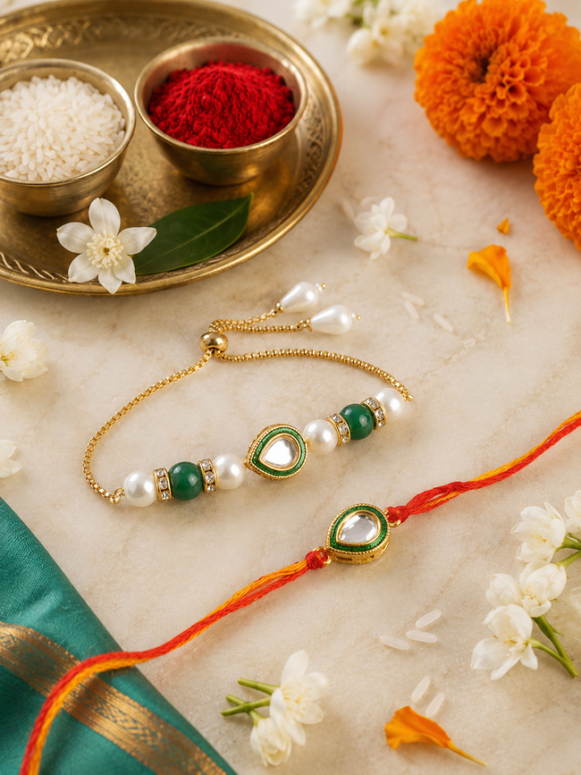 Multi Colour Brass Kundan Rakhi set of 2 Hover Image