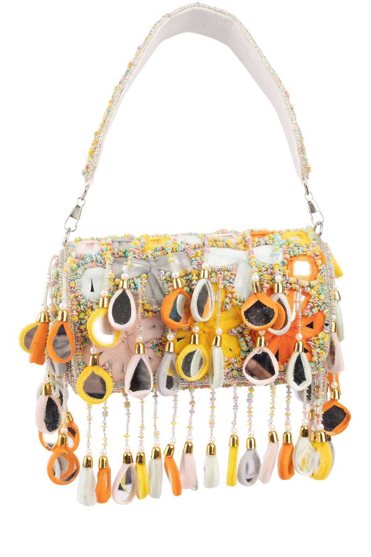 Eeth Silver Base Multicolour Mirror Work Sequin Detailing Clutch Bag