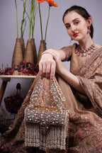 Gold handcrafted evening handbag with stone pearl bead embellishment fringe detail top handle and detachable chain wedding festive wear