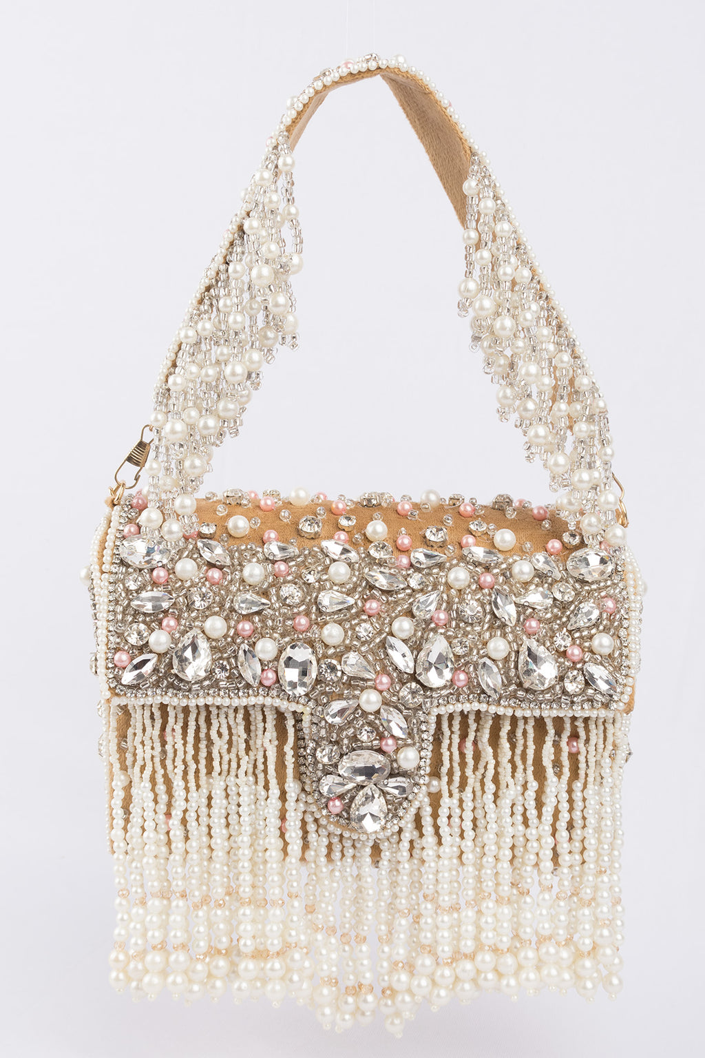 Gold handcrafted evening handbag with stone pearl bead embellishment fringe detail top handle and detachable chain wedding festive wear