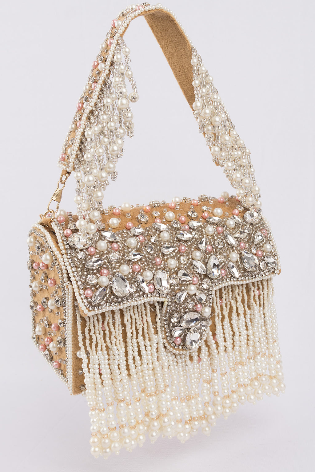 Gold handcrafted evening handbag with stone pearl bead embellishment fringe detail top handle and detachable chain wedding festive wear