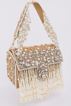 Gold handcrafted evening handbag with stone pearl bead embellishment fringe detail top handle and detachable chain wedding festive wear
