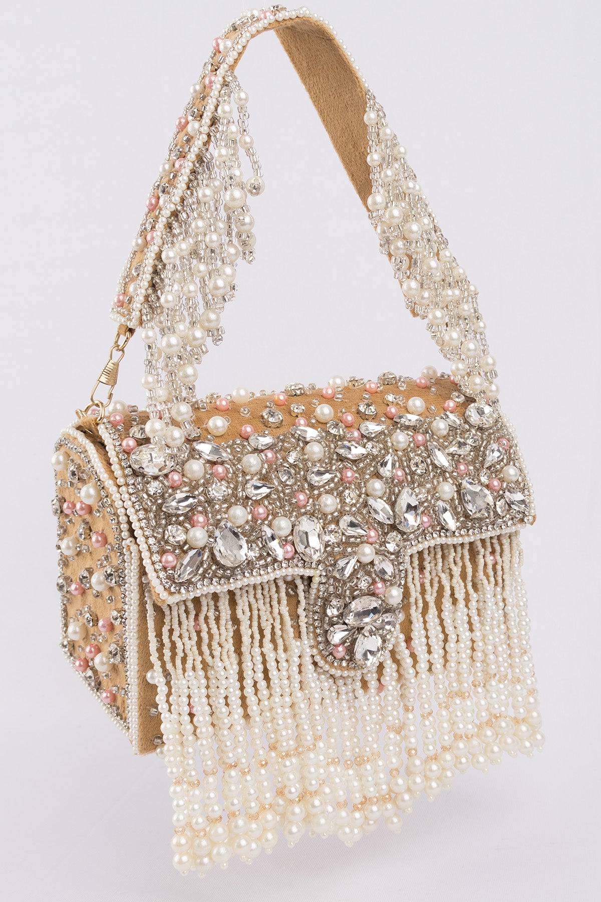 Gold handcrafted evening handbag with stone pearl bead embellishment fringe detail top handle and detachable chain wedding festive wear