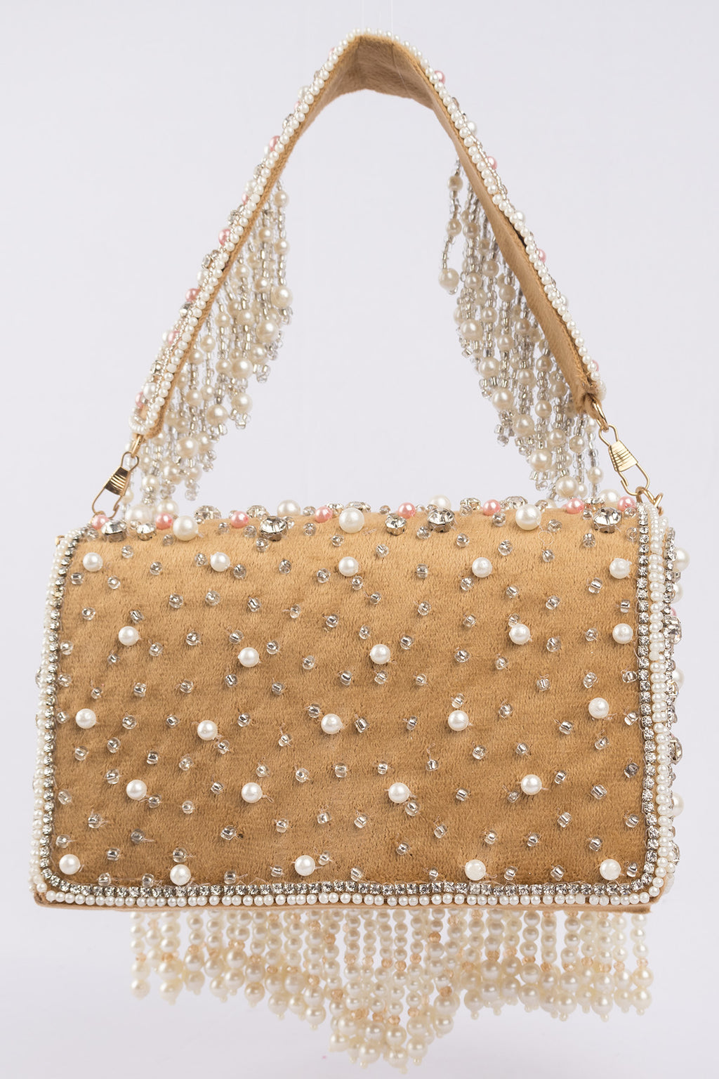 Gold handcrafted evening handbag with stone pearl bead embellishment fringe detail top handle and detachable chain wedding festive wear