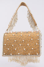 Gold handcrafted evening handbag with stone pearl bead embellishment fringe detail top handle and detachable chain wedding festive wear