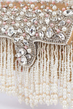 Gold handcrafted evening handbag with stone pearl bead embellishment fringe detail top handle and detachable chain wedding festive wear