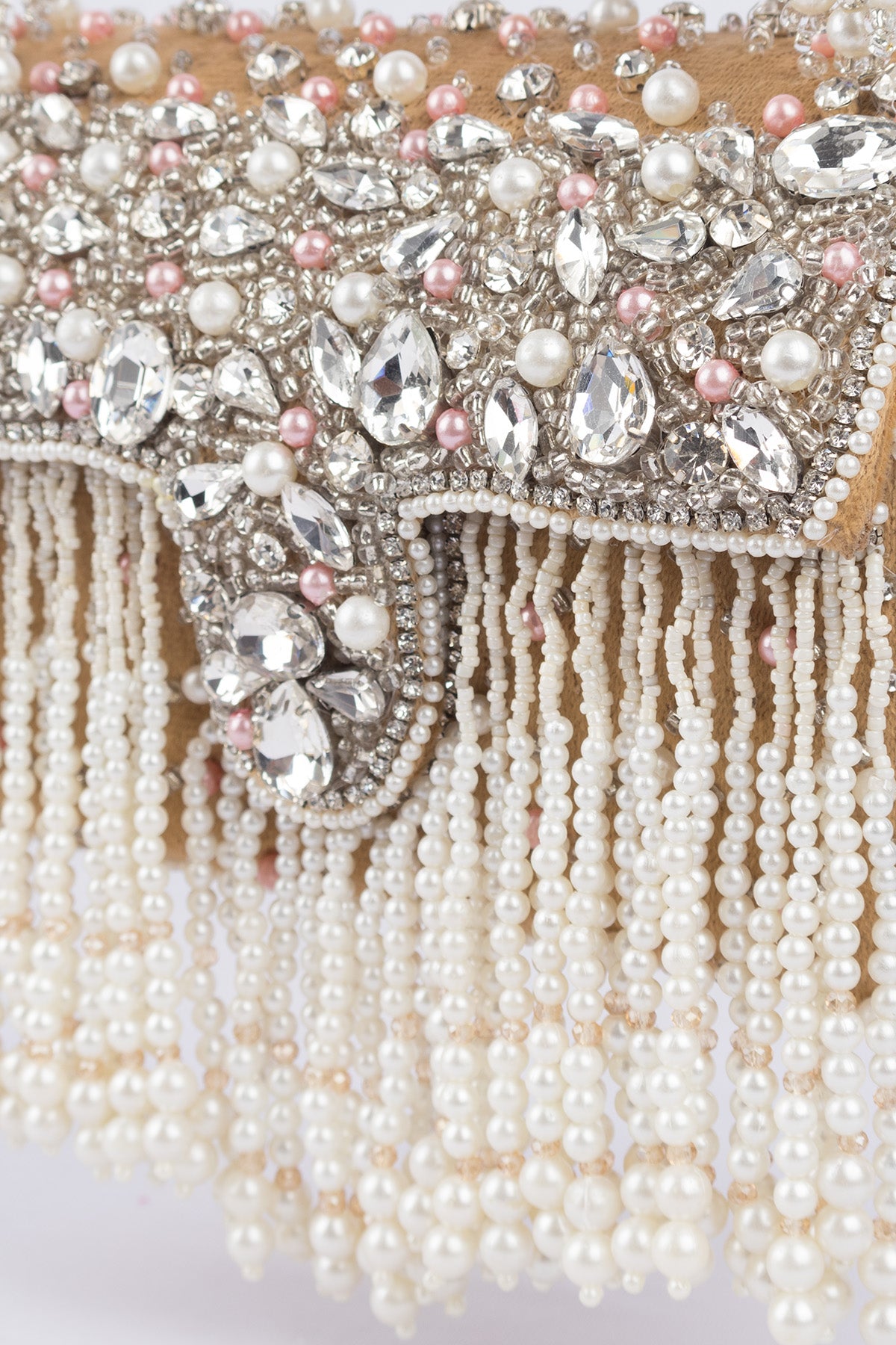Gold handcrafted evening handbag with stone pearl bead embellishment fringe detail top handle and detachable chain wedding festive wear