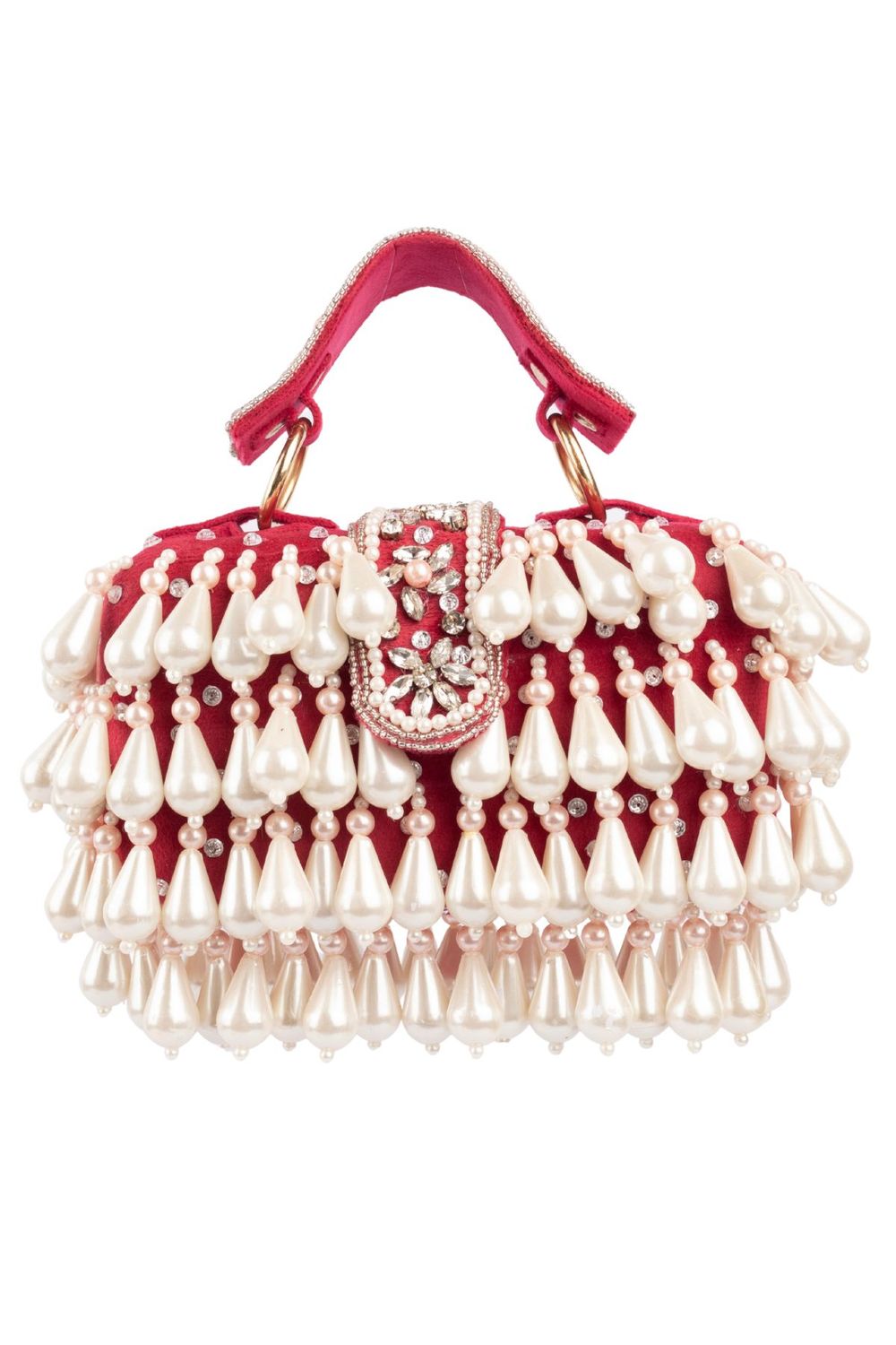 Pearl handcrafted clutch bag with traditional detailing short handle and detachable shoulder chain for wedding and festive wear