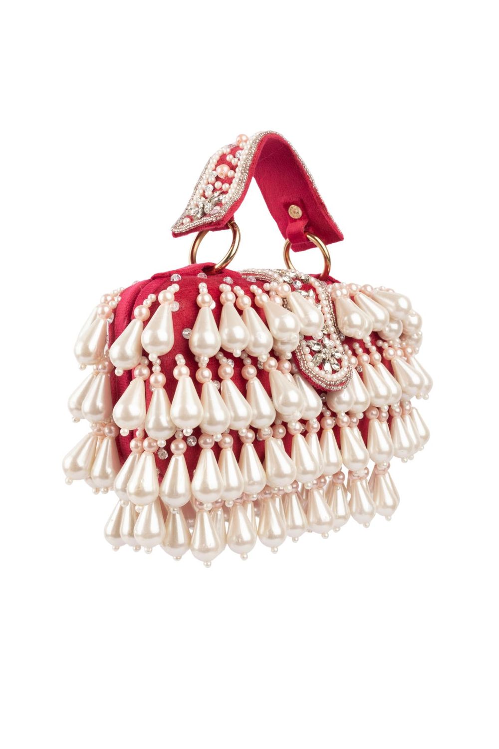 Pearl handcrafted clutch bag with traditional detailing short handle and detachable shoulder chain for wedding and festive wear